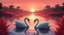 A Beautiful Red Couple Swans. Summertime Sunset As The Backdrop