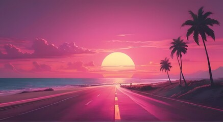 A the sun is setting on the horizon of the ocean, inspired by Mike Winkelmann, digital art, retro pink synthwave style, road to the sea, landscape