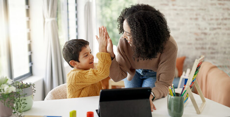 Canvas Print - Mom, high five or child with tablet for elearning education, development growth or homework success. Family, happy mother or school kid with motivation, support or teaching for an online project