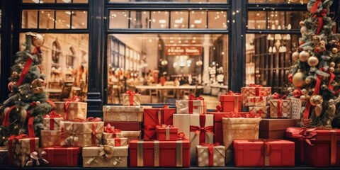 Aufkleber - A store window displaying an array of beautifully wrapped presents. Perfect for holiday promotions or gift-giving themed projects