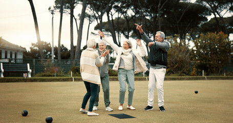 Sticker - Bowls, celebration and hugging with senior friends outdoor, cheering together during a game. Motivation, support or applause and a group of elderly people clapping while having fun with a hobby