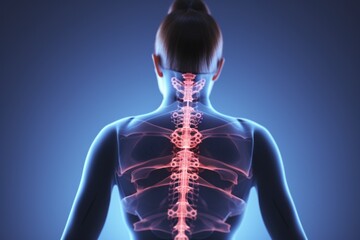 Poster - A woman's back is shown with a highlighted skeleton. This image can be used to depict the human anatomy or to illustrate concepts related to health, wellness, or Halloween themes