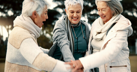 Poster - Fitness, park or senior women in huddle, training or exercise for wellness, solidarity or teamwork outdoors. Happy ladies, group success or elderly friends raising arms for workout support together