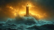  A Lighthouse In The Middle Of A Large Body Of Water With A Light On Top Of It In The Middle Of A Storm.