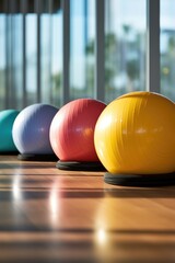 Poster - A row of exercise balls lined up on the floor. Perfect for fitness and workout concepts