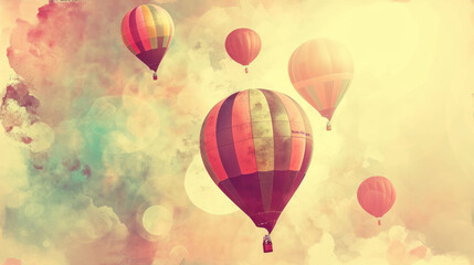   a group of hot air balloons flying in the sky over a cloud filled sky with the sun shining through the clouds.