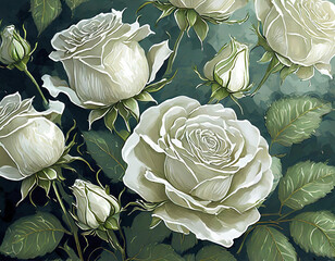 White roses, background of white roses with green leaves for Valentine s Day, illustration, drawing