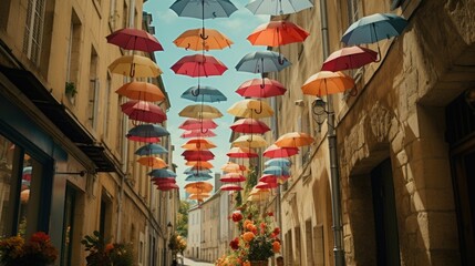 Poster - A narrow street adorned with hanging umbrellas. This picture can be used to depict a vibrant and colorful outdoor scene