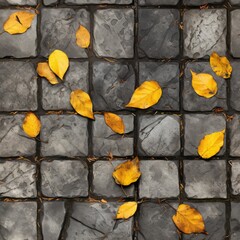 Wall Mural - Autumn Background with Yellow Leaves on Old Gray Pavement or Granite Cobblestone Road top View