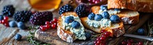 Blue Cheese On Bread, Gorgonzola With Berries And Honey, Bruschetta With Ricotta, Blueberries