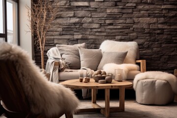 Aufkleber - A warm and inviting living room filled with stylish furniture and featuring a stunning stone wall. Perfect for interior design inspiration or showcasing the beauty of natural materials in home decor