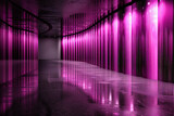 Fototapeta Do przedpokoju - Abstract Neon Lights Glowing Background Futuristic Space, Empty Bright Room Modern Technology Reflection, Floor Led Show Stage Tunnel Blue Laser Interior