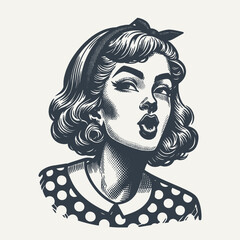 Wall Mural - Retro Girl Facial Expression. Vintage woodcut engraving style vector illustration.