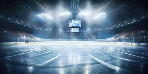 Wall Mural - An empty hockey rink with lights shining on the ice. Perfect for sports-related designs and concepts