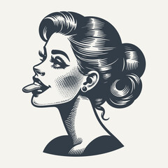 Wall Mural - Quirky retro girl showing here tongue. Vintage woodcut engraving style vector illustration.