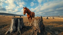  A Brown Horse Standing On Top Of A Dry Grass Field Next To A Tree Stump In The Middle Of A Field.