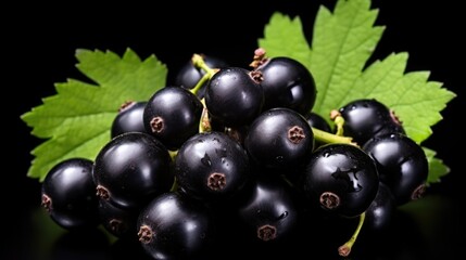 Poster - Freshly picked black currants with vibrant green leaves. Perfect for use in food and beverage recipes or as a natural ingredient in skincare products