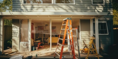 Poster - A picture showing a house being remodeled with the use of ladders. This image can be used to depict home improvement projects or construction work