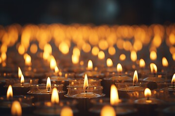 Poster - A group of lit candles illuminating a dark room. Perfect for creating a cozy and calming atmosphere. Ideal for home decor, meditation, or relaxation-themed projects