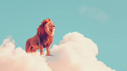 Canvas Print -  a lion standing on top of a cloud in the middle of a blue sky with a cloud in the foreground.