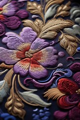 Wall Mural - A detailed close-up of a flower embroidery on a piece of cloth. Perfect for adding a touch of elegance to any project or design