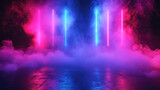 Fototapeta  - Modern neon stage background, empty dark space with smoke and lines of led blue and red light. Futuristic design of abstract scene. Concept of room, hall, studio