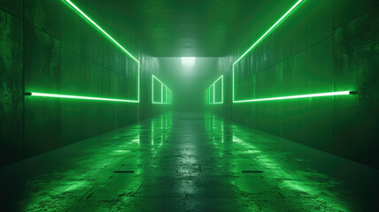 Modern concrete tunnel background, perspective view of dark garage and lines of green neon light. Futuristic empty grungy hallway. Concept of cyberpunk room, hall interior, studio