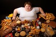 Fat boy with unhealthy food on a black background. Junk food. Child with obesity. Overweight and obesity concept. Obesity Concept with Copy Space.