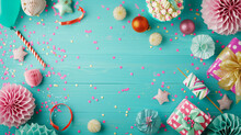 Birthday Cupcakes With Sprinkles And Confetti On Mint Background