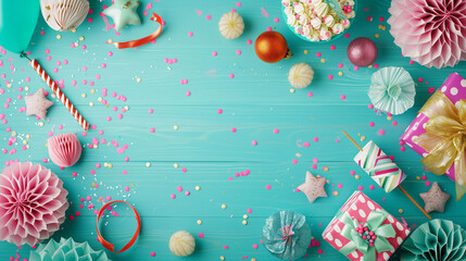 Birthday cupcakes with sprinkles and confetti on mint background