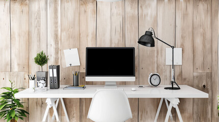 Sticker -  a desktop computer sitting on top of a white desk next to a white chair and a black and white clock.