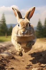 Poster - A rabbit captured mid-air as it jumps over a dirt field. This image can be used to depict agility, freedom, and the joy of movement in various creative projects