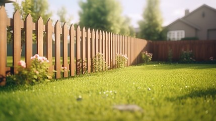 Poster - A picturesque wooden fence surrounds a well-maintained grassy yard adorned with beautiful flowers. Perfect for showcasing a charming garden or creating a warm and inviting outdoor setting