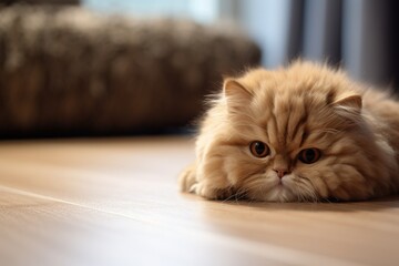 Poster - A fluffy orange cat laying on the floor. Generative AI.