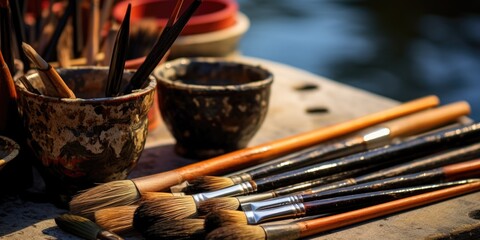 Poster - A collection of brushes neatly arranged on a table. Ideal for creative projects and art-related concepts