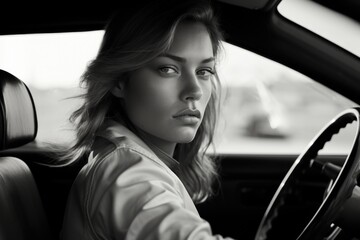 Poster - A woman is seated in the driver's seat of a car. This image can be used to depict independence, commuting, or road trips