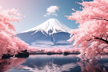 Poster - A stunning view of a mountain and a lake. Perfect for nature enthusiasts and travel websites