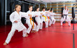 © JackF - Karate kids in kimono performing kata moves with their teacher in gym during group training.