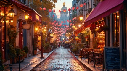 Poster -  a cobblestone street lined with tables and chairs with red umbrellas hanging from the buildings in the background.