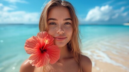 Sticker -  a woman standing on a beach with a flower in her hand and a blue sky with clouds in the background.