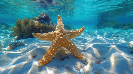 Wall Mural -  a starfish sitting on top of a sandy beach next to a body of water with a coral in the background.