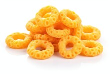 Cereal Rings Isolated, Breakfast Yellow Rice Loops, Corn Cereals Snack On White Background