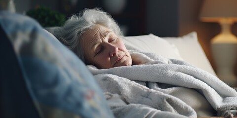 Poster - A woman laying in a bed covered in a blanket. Suitable for home decor or bedroom-related articles