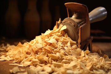 Wall Mural - Wood shavings covering the surface of a planer. Ideal for woodworking projects and carpentry tools