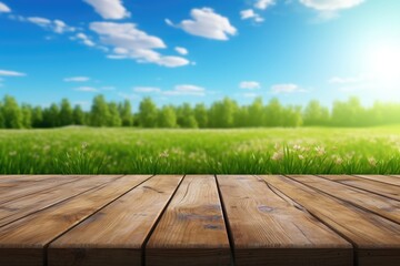 Aufkleber - A wooden table placed in front of a lush green grass field. This image can be used for various purposes