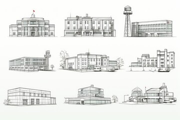 Canvas Print - A collection of sketches showcasing various buildings and a tower. Versatile and suitable for a range of design projects