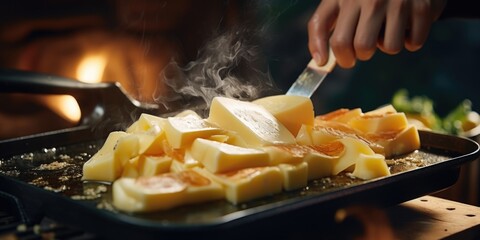 Wall Mural - A person cooking food on a grill. Suitable for outdoor cooking and barbecue-related concepts