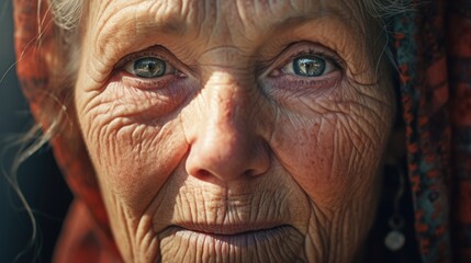 Poster - A detailed close-up of an aging woman's face. This image can be used to depict the beauty of aging, the wisdom of the elderly, or the challenges of growing old.