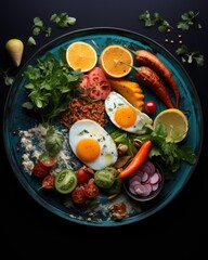 Sticker -  a plate of food with eggs, carrots, tomatoes, and other fruits and vegetables on a blue plate.