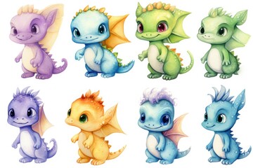 Poster - A collection of various dragon characters in different colors. Perfect for fantasy-themed projects and children's illustrations